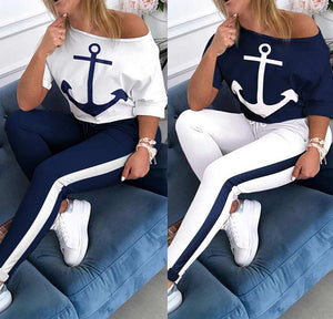Plus Size Two Piece Set Tracksuit Women Boat Anchor Print 2 Piece Set Top And Pants Femme Clothes Elastic Waist Long Pants Set