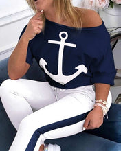 Load image into Gallery viewer, Plus Size Two Piece Set Tracksuit Women Boat Anchor Print 2 Piece Set Top And Pants Femme Clothes Elastic Waist Long Pants Set
