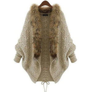 Rosetic Women Knitted Sweater Cape Coat Winter Cardigan Fake Fur Collar Warmness Gothic Knitwear Tops Batwing Sleeve Outerwear