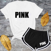Load image into Gallery viewer, Cute Pink Letter Tracksuit Set Women Short Sleeve T Shirt And Shorts Fashion Casual 2 Piece Suits
