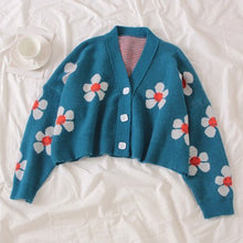 Load image into Gallery viewer, 2020 Spring College Style Flower Print Knitted Doat Loose Retro V-neck Cute Light Green Sweater Cardigan Blouse Short Section
