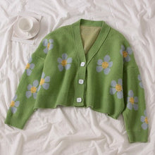 Load image into Gallery viewer, 2020 Spring College Style Flower Print Knitted Doat Loose Retro V-neck Cute Light Green Sweater Cardigan Blouse Short Section
