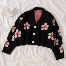 Load image into Gallery viewer, 2020 Spring College Style Flower Print Knitted Doat Loose Retro V-neck Cute Light Green Sweater Cardigan Blouse Short Section
