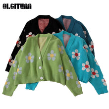 Load image into Gallery viewer, 2020 Spring College Style Flower Print Knitted Doat Loose Retro V-neck Cute Light Green Sweater Cardigan Blouse Short Section
