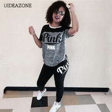 Load image into Gallery viewer, Casual PINK Printing Women 2pcs Outfit Short Sleeve T-Shirts And Long Skinny Pants Suits Fitness Plus Size XXXL Summer Tracksuit
