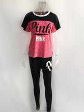 Load image into Gallery viewer, Casual PINK Printing Women 2pcs Outfit Short Sleeve T-Shirts And Long Skinny Pants Suits Fitness Plus Size XXXL Summer Tracksuit
