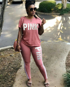 Casual PINK Printing Women 2pcs Outfit Short Sleeve T-Shirts And Long Skinny Pants Suits Fitness Plus Size XXXL Summer Tracksuit