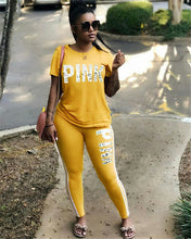 Load image into Gallery viewer, Casual PINK Printing Women 2pcs Outfit Short Sleeve T-Shirts And Long Skinny Pants Suits Fitness Plus Size XXXL Summer Tracksuit
