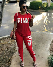 Load image into Gallery viewer, Casual PINK Printing Women 2pcs Outfit Short Sleeve T-Shirts And Long Skinny Pants Suits Fitness Plus Size XXXL Summer Tracksuit
