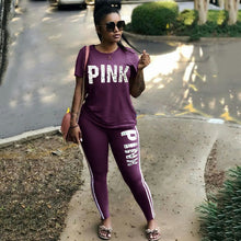 Load image into Gallery viewer, Casual PINK Printing Women 2pcs Outfit Short Sleeve T-Shirts And Long Skinny Pants Suits Fitness Plus Size XXXL Summer Tracksuit
