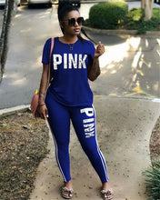 Load image into Gallery viewer, Casual PINK Printing Women 2pcs Outfit Short Sleeve T-Shirts And Long Skinny Pants Suits Fitness Plus Size XXXL Summer Tracksuit
