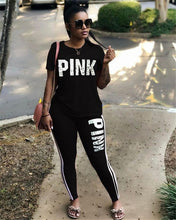 Load image into Gallery viewer, Casual PINK Printing Women 2pcs Outfit Short Sleeve T-Shirts And Long Skinny Pants Suits Fitness Plus Size XXXL Summer Tracksuit
