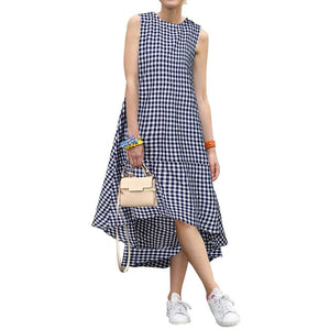 2020 Spring Summer Sundress ZANZEA Women Sleeveless Plaid Checked Dress Casual Mid Calf Dresses Vestidos Beach Party Dresses 5XL