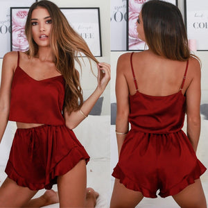 Echoine Women's New Silk Suspender Shorts Set Sexy Silk Satin Pajama Set Sleeveless Pyjamas Femme V-neck Sleep Set Lace Pijama