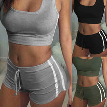 Load image into Gallery viewer, 2Pcs Set Womens Jogger Bra Crop Tank Top Vest+Shorts Pants 2020 Ladies Jogging Striped Two Pieces Tracksuit Set
