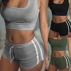 2Pcs Set Womens Jogger Bra Crop Tank Top Vest+Shorts Pants 2020 Ladies Jogging Striped Two Pieces Tracksuit Set