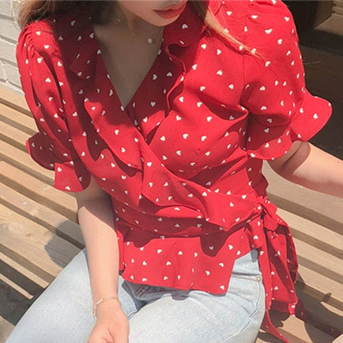 New 2020 Summer Women Blouse V-Neck Casual Fashionable Chiffon Shirt Lace Up Bow Lantern Sleeve Heart Ruffles Short Tops BL1988