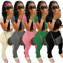 Load image into Gallery viewer, Tracksuits Women Two Piece Set Short Sleeve Shirt Crop Top + Flare Pants Casual Stacked Joggers Bell Bottom Pants Matching Suits
