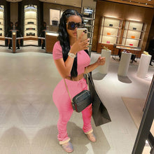 Load image into Gallery viewer, Tracksuits Women Two Piece Set Short Sleeve Shirt Crop Top + Flare Pants Casual Stacked Joggers Bell Bottom Pants Matching Suits
