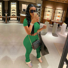 Load image into Gallery viewer, Tracksuits Women Two Piece Set Short Sleeve Shirt Crop Top + Flare Pants Casual Stacked Joggers Bell Bottom Pants Matching Suits
