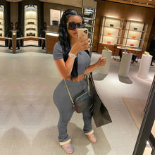 Load image into Gallery viewer, Tracksuits Women Two Piece Set Short Sleeve Shirt Crop Top + Flare Pants Casual Stacked Joggers Bell Bottom Pants Matching Suits
