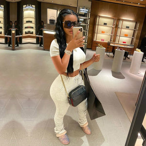 Tracksuits Women Two Piece Set Short Sleeve Shirt Crop Top + Flare Pants Casual Stacked Joggers Bell Bottom Pants Matching Suits