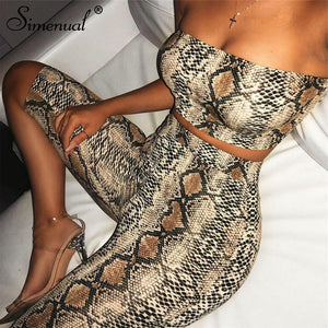 Simenual Sexy snake print two piece set strapless crop top and biker shorts high waist push up tracksuit women sets streetwear