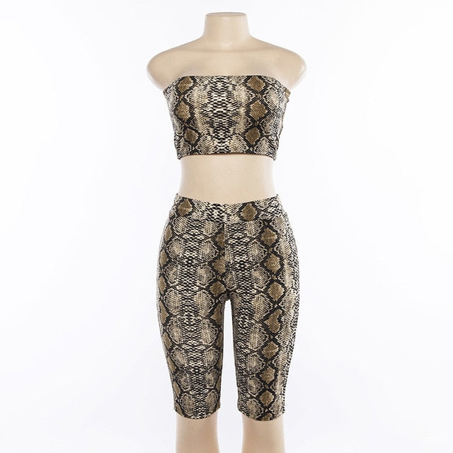 Simenual Sexy snake print two piece set strapless crop top and biker shorts high waist push up tracksuit women sets streetwear