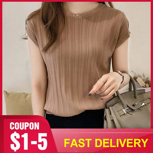 2020 Summer Ice Silk Knit Tops Short Sleeve Solid Bright Office Lady Work Casual Shirts New Korean Japan Slim Knitwear Shirt