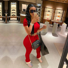 Load image into Gallery viewer, Tracksuits Women Two Piece Set Short Sleeve Shirt Crop Top + Flare Pants Casual Stacked Joggers Bell Bottom Pants Matching Suits

