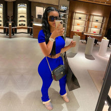 Load image into Gallery viewer, Tracksuits Women Two Piece Set Short Sleeve Shirt Crop Top + Flare Pants Casual Stacked Joggers Bell Bottom Pants Matching Suits
