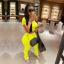 Load image into Gallery viewer, Tracksuits Women Two Piece Set Short Sleeve Shirt Crop Top + Flare Pants Casual Stacked Joggers Bell Bottom Pants Matching Suits
