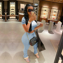 Load image into Gallery viewer, Tracksuits Women Two Piece Set Short Sleeve Shirt Crop Top + Flare Pants Casual Stacked Joggers Bell Bottom Pants Matching Suits
