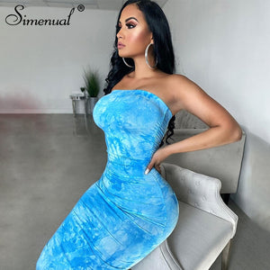 Simenual Tie Dye Ruched Strapless Maxi Dresses Women 2020 Summer Fashion Skinny Bodycon Clubwear Sexy Hot Party Dress Wrap Chest