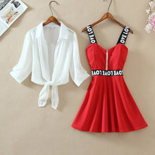 Load image into Gallery viewer, Fashion Women Lantern Sleeve Turn Down Chiffon Shirt Top + Mini Short A Line Letter Spaghetti Strap Dress New Two Pieces Sets
