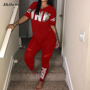 Casual 2 Piece Sets Women'S Pink Tracksuits Set Letter Print Plus Size Sweatsuit 3xl Top Ans Skinny Pants Two Piece Sportsuits