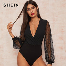 Load image into Gallery viewer, SHEIN Sexy Black Plunging Neck Dobby Mesh Lantern Sleeve Wrap Bodysuit Women Spring Summer Solid Sheer High Waist Bodysuits
