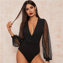 Load image into Gallery viewer, SHEIN Sexy Black Plunging Neck Dobby Mesh Lantern Sleeve Wrap Bodysuit Women Spring Summer Solid Sheer High Waist Bodysuits
