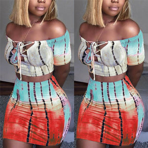 2019 Sexy Women 2 Piece Set Off Shoulder Crop Top and Skirt Bodycon Outfits Summer Slim Party Club Clothing