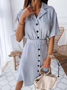 Fashion Midi Dress with belt women 2020 summer Casual solid color short-sleeved V-neck button shirt dress vestidos de fiesta