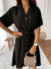 Load image into Gallery viewer, Fashion Midi Dress with belt women 2020 summer Casual solid color short-sleeved V-neck button shirt dress vestidos de fiesta
