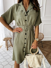 Load image into Gallery viewer, Fashion Midi Dress with belt women 2020 summer Casual solid color short-sleeved V-neck button shirt dress vestidos de fiesta
