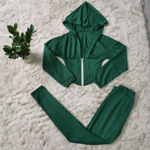 2020 Summer Tracksuit Plastic Waist Cropped Sweatshirt +Pencil Pants Casual Two Piece Set Front Zipper Long Sleeve Leisure Suit