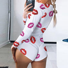 Load image into Gallery viewer, STYLISH LADY Red Lips Printed Jumpsuits 2020 Summer Women Long Sleeve Deep V Neck Club Party Pajamas Short Playsuit
