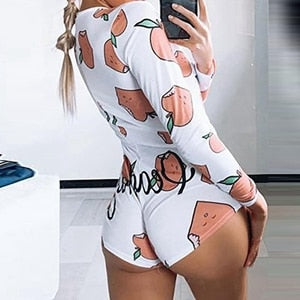 STYLISH LADY Red Lips Printed Jumpsuits 2020 Summer Women Long Sleeve Deep V Neck Club Party Pajamas Short Playsuit