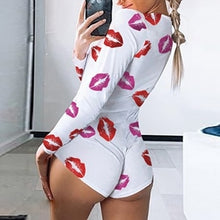 Load image into Gallery viewer, STYLISH LADY Red Lips Printed Jumpsuits 2020 Summer Women Long Sleeve Deep V Neck Club Party Pajamas Short Playsuit

