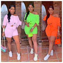Load image into Gallery viewer, 2019 women new summer three quarter length sleeve tie up hem off shoulder top shorts suit two piece set tracksuit outfit Q5102
