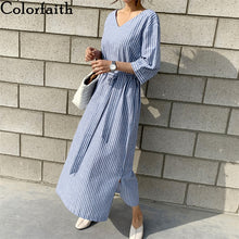 Load image into Gallery viewer, Colorfaith New 2020 Summer Women Dress Loose Lace Up Casual V-neck Half Sleeve Striped Split Cotton and Linen Long Dress DR6025
