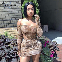 Load image into Gallery viewer, Simenual Sexy Hot Snake Print Matching Set Women Off Shoulder Fashion 2019 Two Piece Outfits Long Sleeve Bodysuit And Skirt Sets
