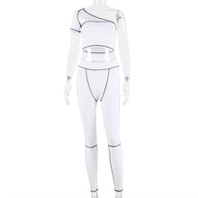 Load image into Gallery viewer, Simenual Sporty Fashion Active Wear Black Fitness Tracksuits One Shoulder 2 Piece Set Women Workout Crop Top And Leggings Sets
